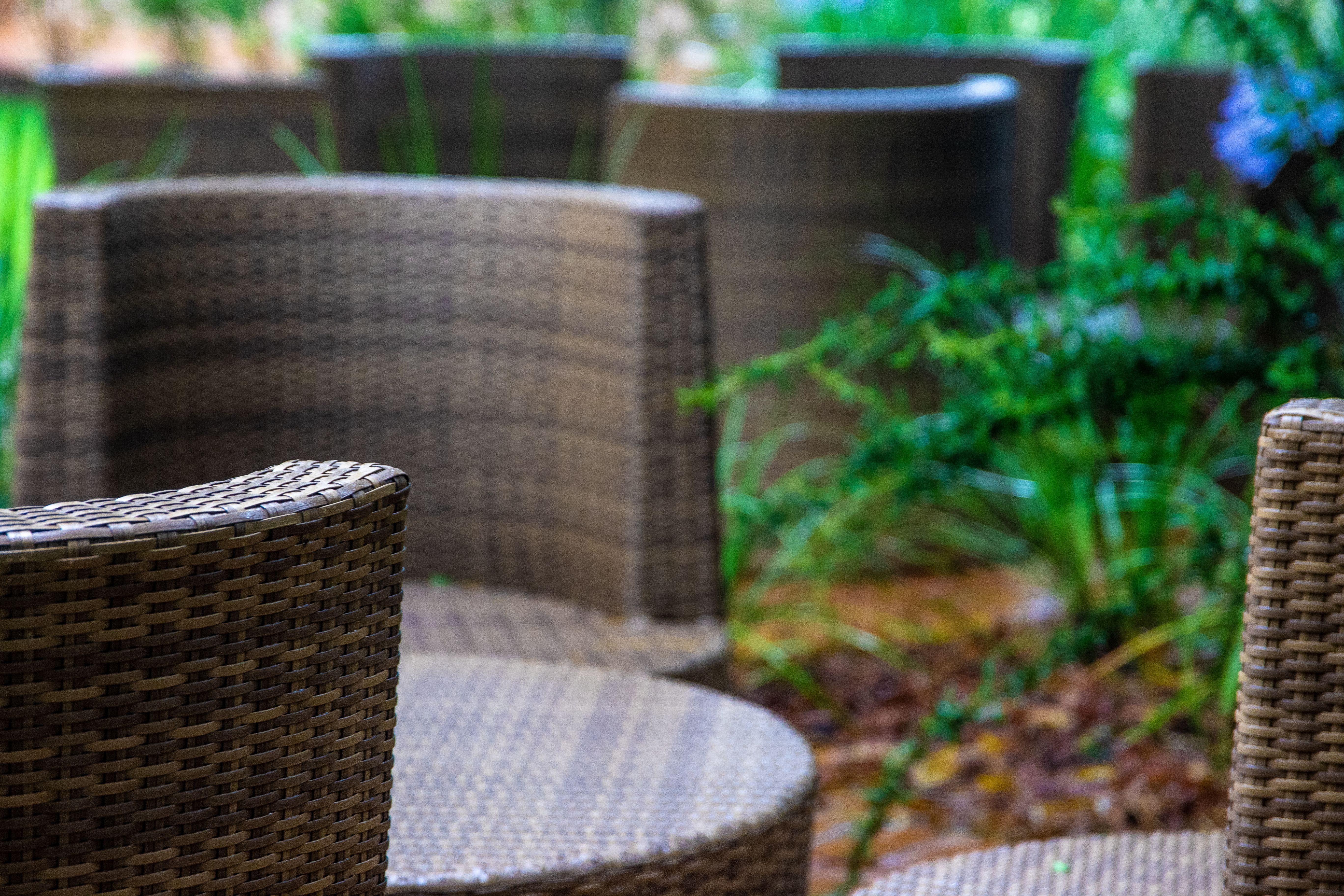 Close-up of woven wicker patio chairs in a garden, showing the texture of wicker outdoor furniture.